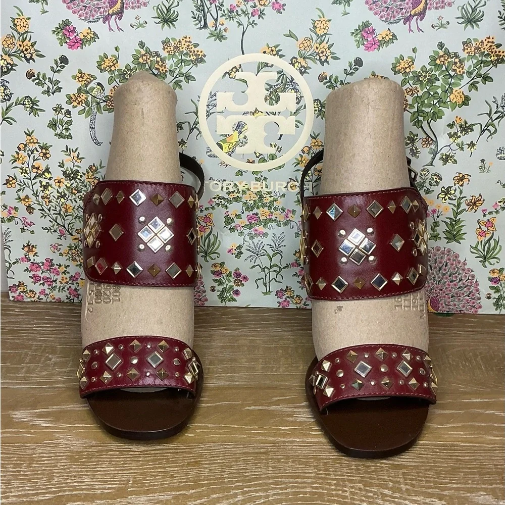 Tory Burch Kingsbridge Studded Open-Toe Wedge Sandal Red Agate Size 7